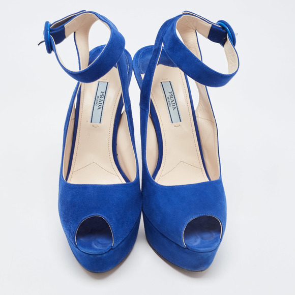 Prada Blue Suede Peep Toe Platform Ankle Strap Sandals Size 39 - Picture 2 of 8